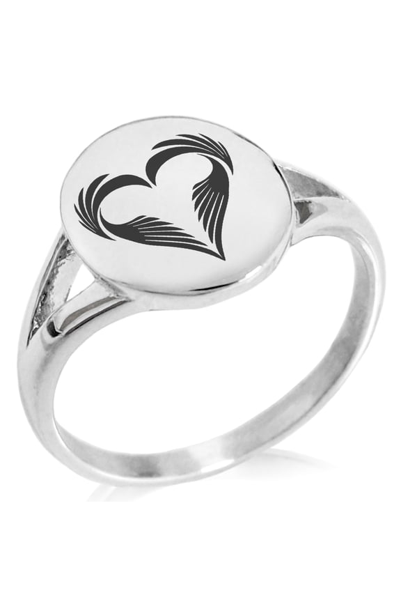 Stainless Steel Feather Heart Minimalist Oval Top Polished Statement Ring