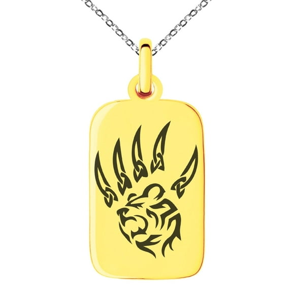 Tioneer Stainless Steel Ferocious Bear Claw Engraved Small Rectangle Dog Tag Charm Pendant Necklace