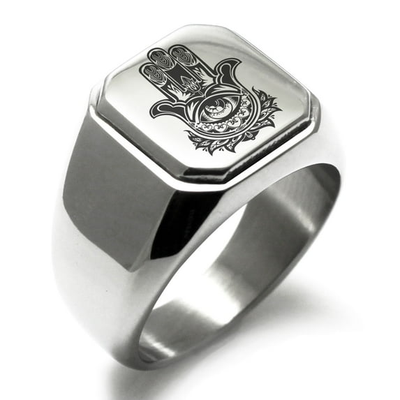 Tioneer Stainless Steel Floral Hamsa Hand of Fatima Engraved Square Flat Top Biker Style Polished Signet Ring