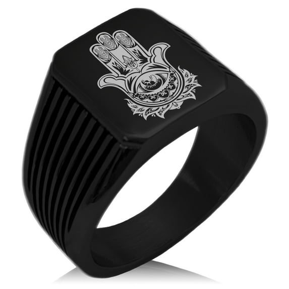 Tioneer Stainless Steel Floral Hamsa Hand of Fatima Needle Stripe Pattern Biker Style Polished Ring
