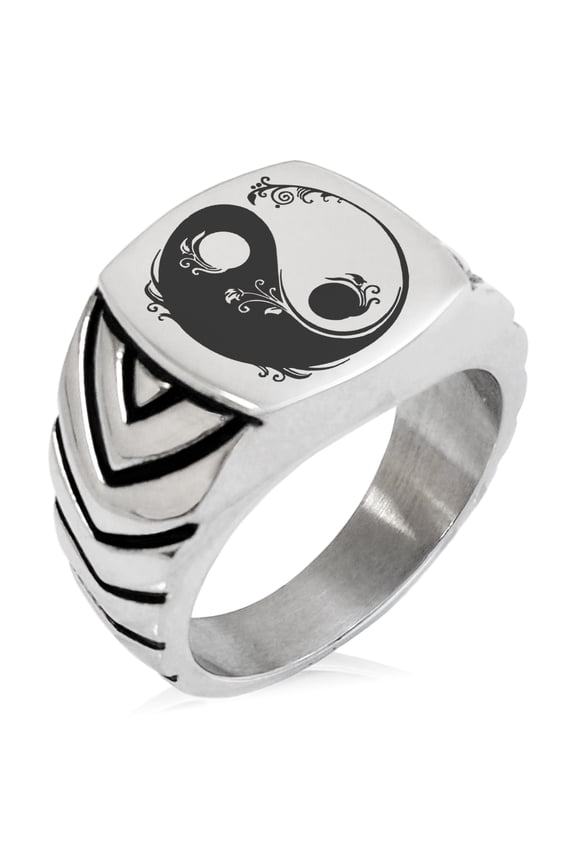Stainless Steel Floral Yin Yang Chevron Pattern Biker Style Polished Ring