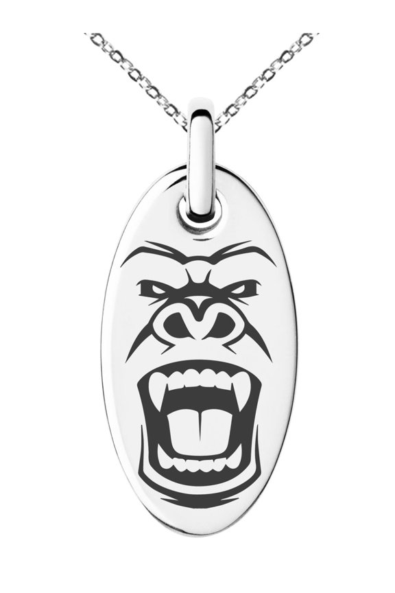 Stainless Steel Formidable Kong Gorilla Engraved Small Oval Charm Pendant Necklace