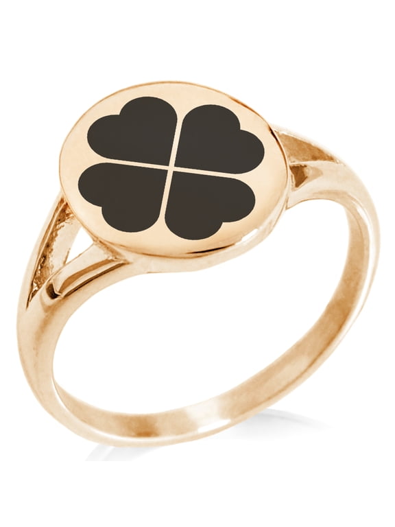 Stainless Steel Four Leaf Clover Heart Minimalist Oval Top Polished Statement Ring