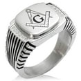thumbnail image 1 of Tioneer Stainless Steel Freemasons Masonic Compass CZ Ribbed Needle Stripe Pattern Biker Style Polished Ring, 1 of 1