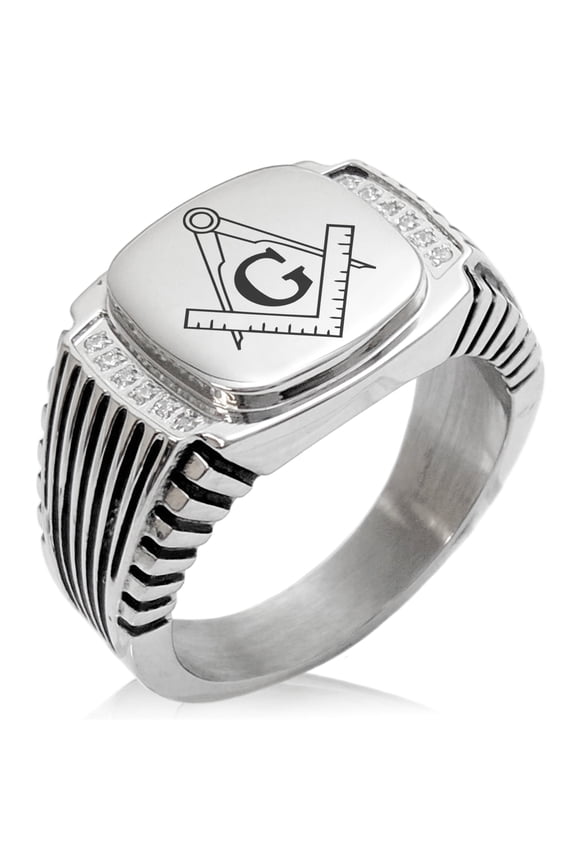 Stainless Steel Freemasons Masonic Compass CZ Ribbed Needle Stripe Pattern Biker Style Polished Ring