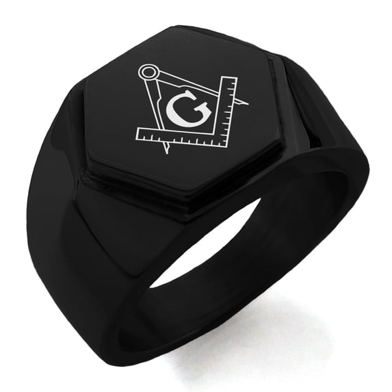 Tioneer Stainless Steel Freemasons Masonic Compass Engraved Hexagon Crest Flat Top Biker Style Polished Ring
