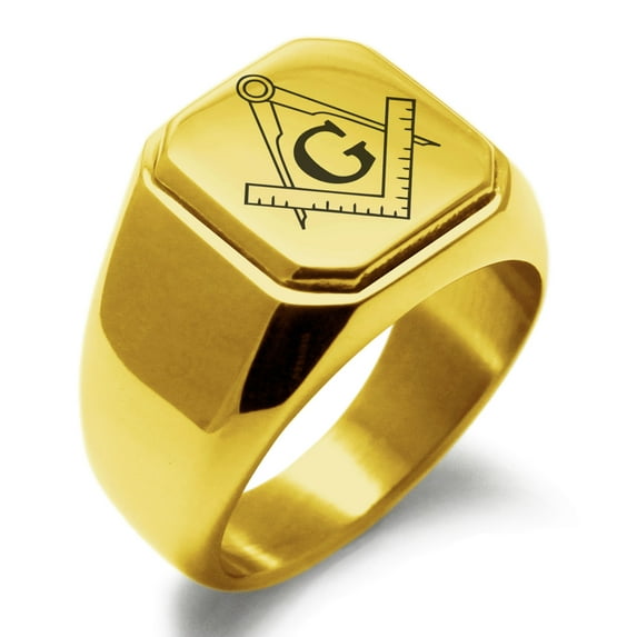 Tioneer Stainless Steel Freemasons Masonic Compass Engraved Square Flat Top Biker Style Polished Signet Ring