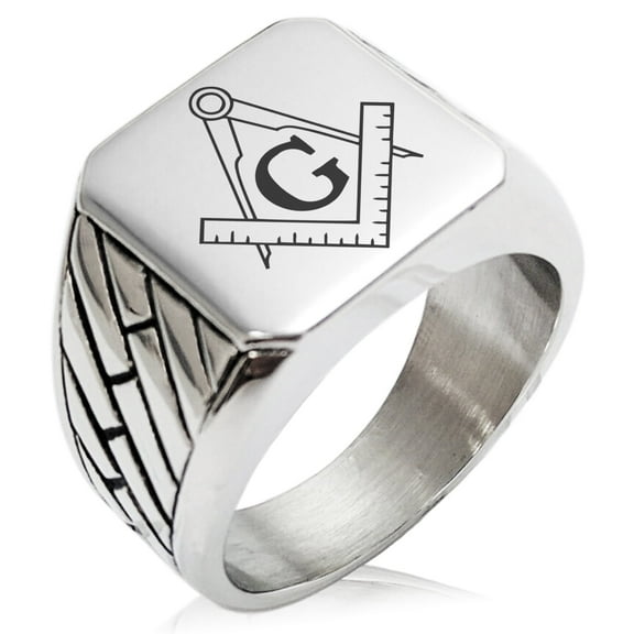 Tioneer Stainless Steel Freemasons Masonic Compass Geometric Pattern Biker Style Polished Ring