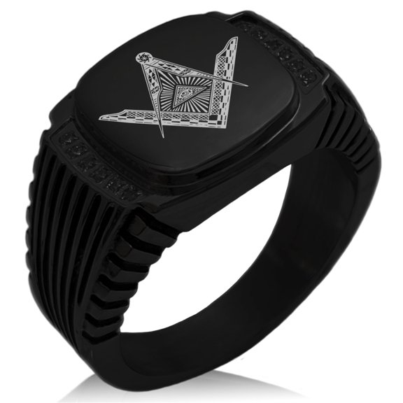 Tioneer Stainless Steel Freemasons Masonic Eye of Providence CZ Ribbed Needle Stripe Pattern Biker Style Polished Ring