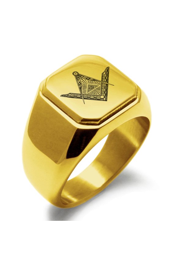 Stainless Steel Freemasons Masonic Eye of Providence Engraved Square Flat Top Biker Style Polished Ring
