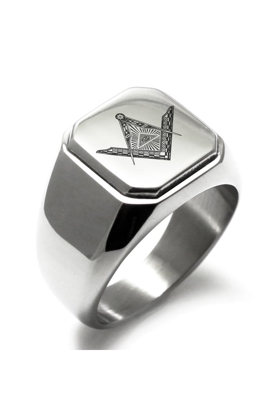 Stainless Steel Freemasons Masonic Eye of Providence Engraved Square Flat Top Biker Style Polished Signet Ring