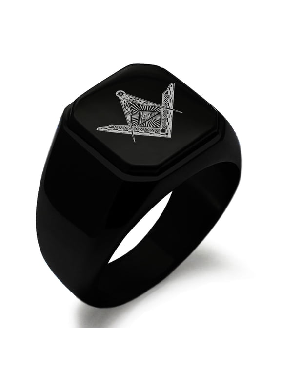 Stainless Steel Freemasons Masonic Eye of Providence Engraved Square Flat Top Biker Style Polished Signet Ring