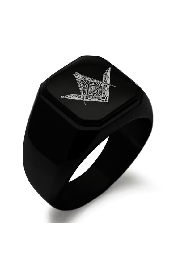 Stainless Steel Freemasons Masonic Eye of Providence Engraved Square Flat Top Biker Style Polished Signet Ring