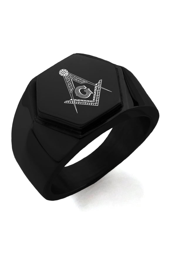 Stainless Steel Freemasons Masonic Floral Compass Engraved Hexagon Crest Flat Top Biker Style Polished Ring