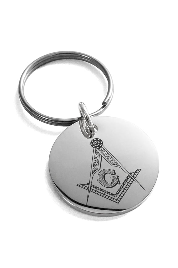 Stainless Steel Freemasons Masonic Floral Compass Engraved Small Medallion Circle Charm Keychain Keyring