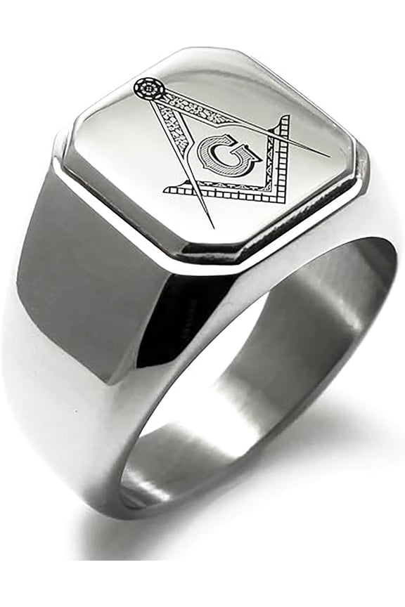 Stainless Steel Freemasons Masonic Floral Compass Engraved Square Flat Biker CZ Signet Ring