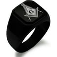thumbnail image 1 of Tioneer Stainless Steel Freemasons Masonic Floral Compass Engraved Square Flat Top Biker Style Polished Signet Ring, 1 of 7