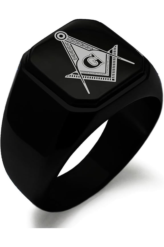 Stainless Steel Freemasons Masonic Floral Compass Engraved Square Flat Top Biker Style Polished Signet Ring