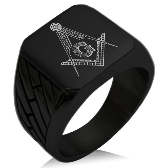 Tioneer Stainless Steel Freemasons Masonic Floral Compass Geometric Pattern Biker Style Polished Ring
