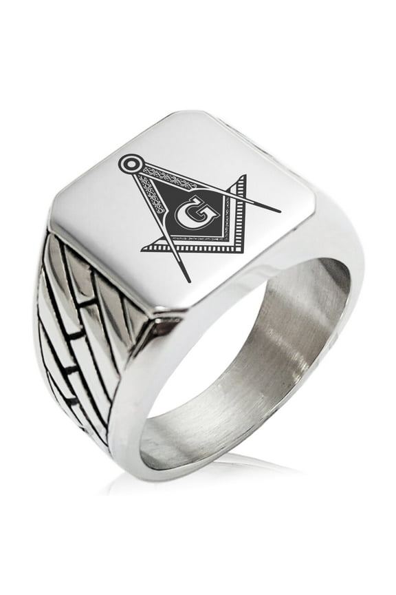 Stainless Steel Freemasons Masonic Royal Compass Geometric Pattern Biker Style Polished Ring