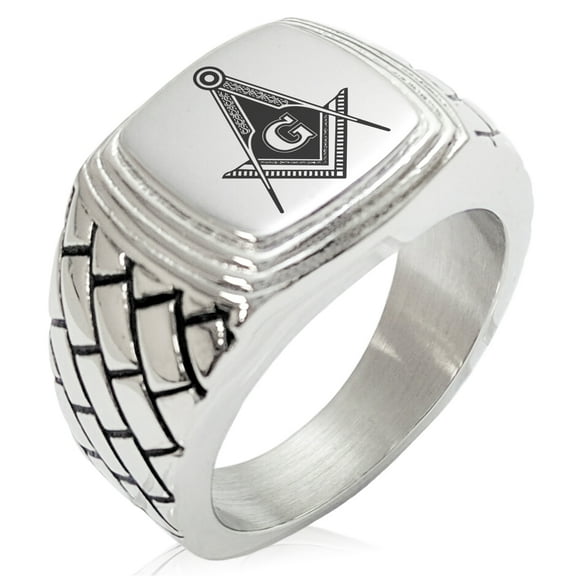 Tioneer Stainless Steel Freemasons Masonic Royal Compass Geometric Pattern Step-Down Biker Style Polished Ring