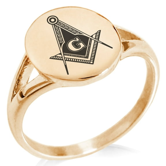Tioneer Stainless Steel Freemasons Masonic Royal Compass Minimalist Oval Top Polished Statement Signet Ring