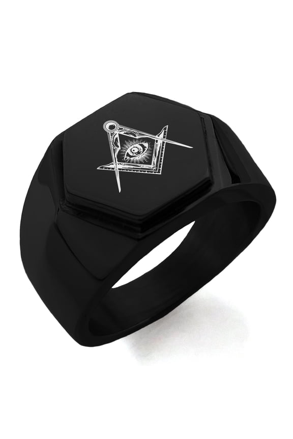 Stainless Steel Freemasons Masonic Sacred Society Engraved Hexagon Crest Flat Top Biker Style Polished Ring