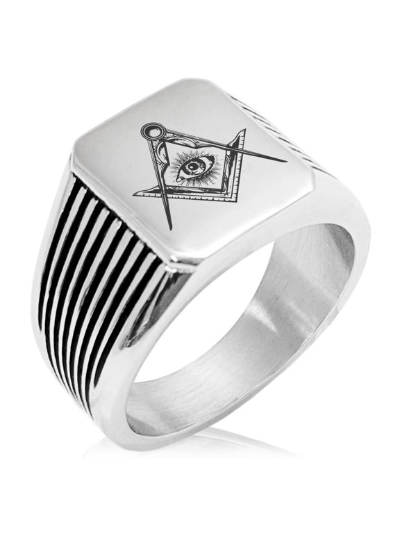 Stainless Steel Freemasons Masonic Sacred Society Needle Stripe Pattern Biker Style Polished Ring