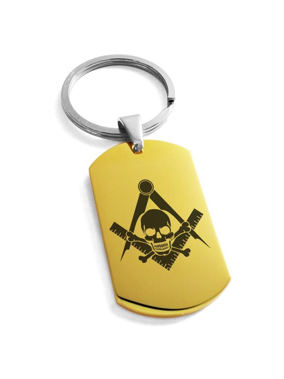 Stainless Steel Freemasons Masonic Skull & Crossbones Engraved Dog Tag Keychain Keyring