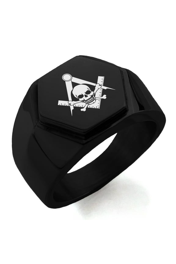 Stainless Steel Freemasons Masonic Skull & Crossbones Engraved Hexagon Crest Flat Top Biker Style Polished Ring