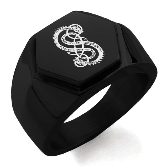 Tioneer Stainless Steel God of Mischief Loki Viking Norse Engraved Hexagon Crest Flat Biker CZ Ring