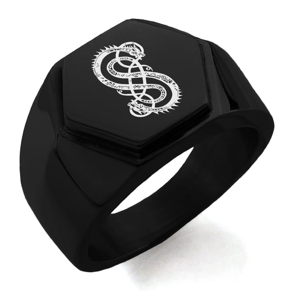 Tioneer Stainless Steel God of Mischief Loki Viking Norse Engraved Hexagon Crest Flat Biker CZ Ring