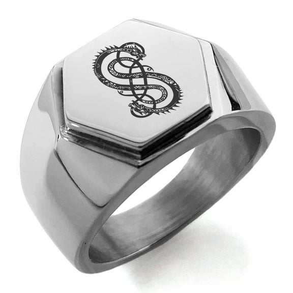 Tioneer Stainless Steel God of Mischief Loki Viking Norse Engraved Hexagon Crest Flat Top Biker Style Polished Ring