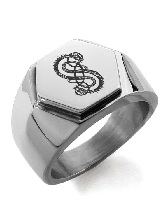 Stainless Steel God of Mischief Loki Viking Norse Engraved Hexagon Crest Flat Top Biker Style Polished Ring
