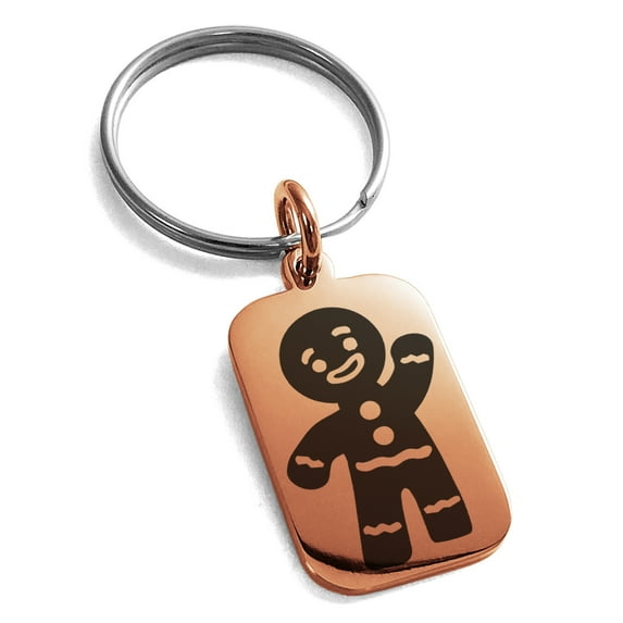 Tioneer Stainless Steel Gold Plated Gingerbread Man Engraved Small Rectangle Dog Tag Charm Keychain Keyring