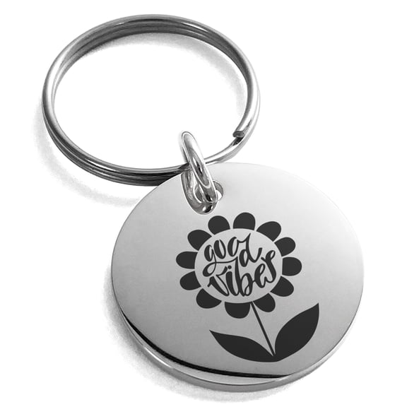 Tioneer Stainless Steel Good Vibes Sunflower Engraved Small Medallion Circle Charm Keychain Keyring