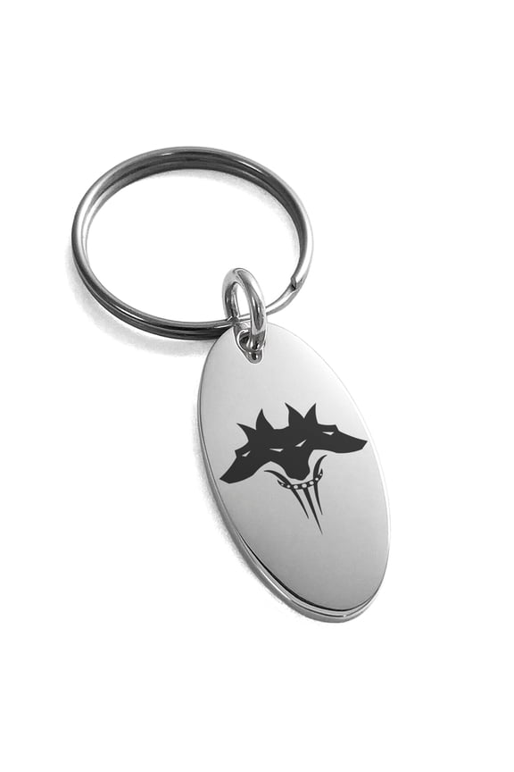 Stainless Steel Greek Mythology Cerberus Engraved Small Oval Charm Keychain Keyring