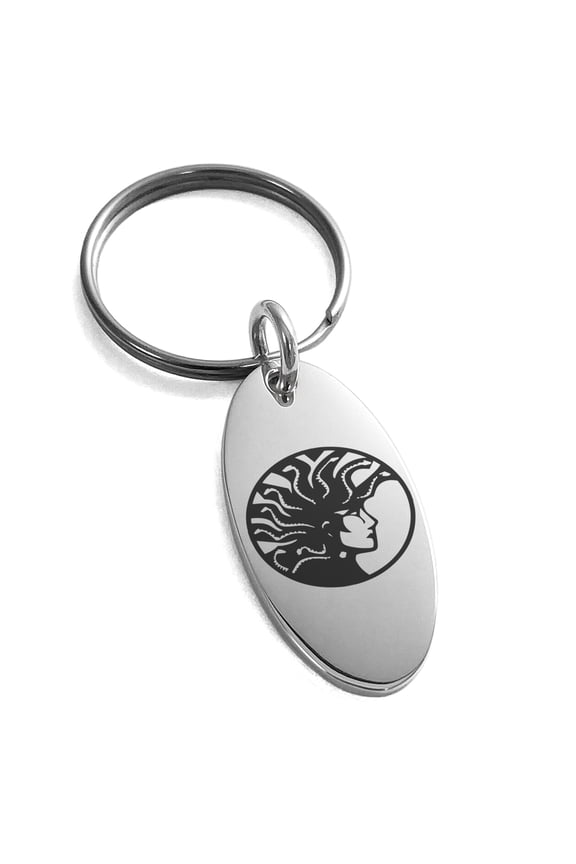 Stainless Steel Greek Mythology Medusa Engraved Small Oval Charm Keychain Keyring