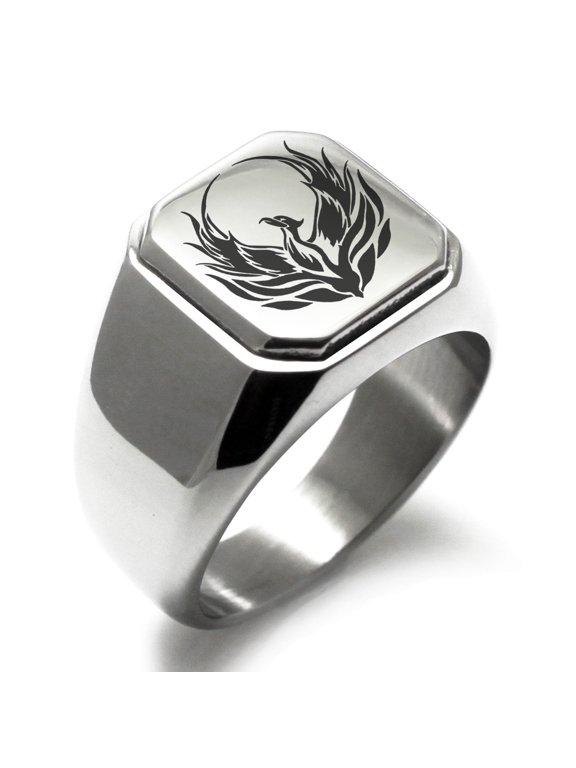 Stainless Steel Greek Mythology Phoenix Engraved Square Flat Top Biker Style Polished Signet Ring