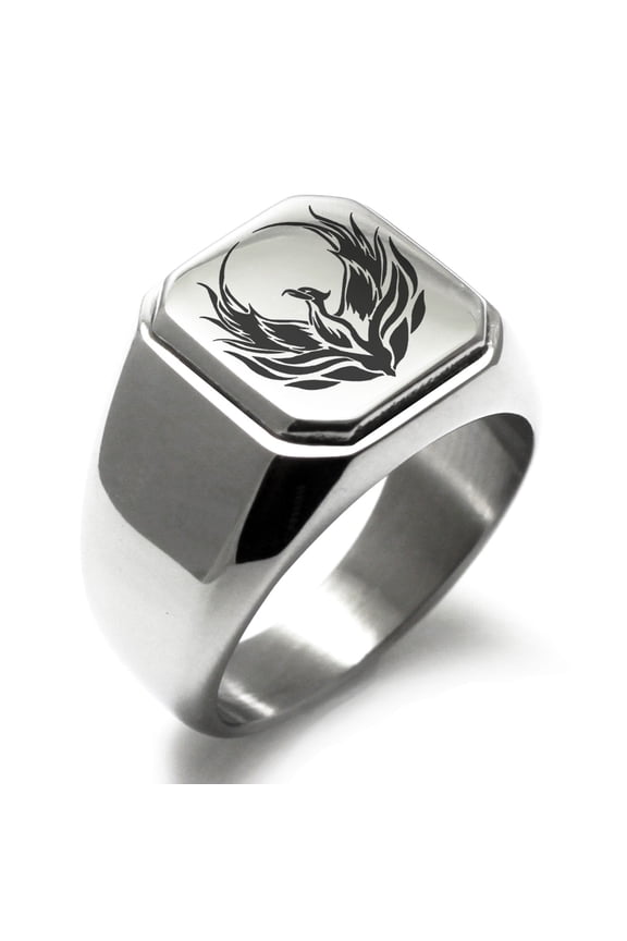 Stainless Steel Greek Mythology Phoenix Engraved Square Flat Top Biker Style Polished Signet Ring