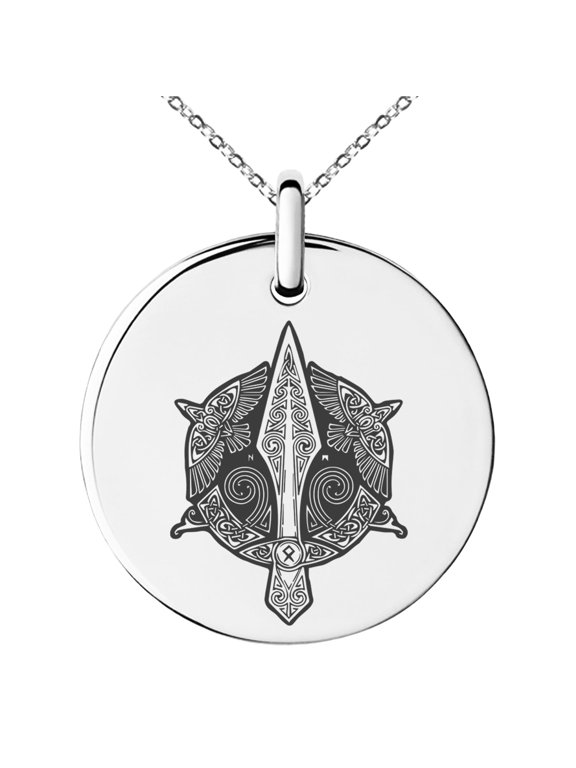 Stainless Steel Gungnir Odin's Spear Viking Norse Engraved Small Medallion Circle Charm Pendant Necklace