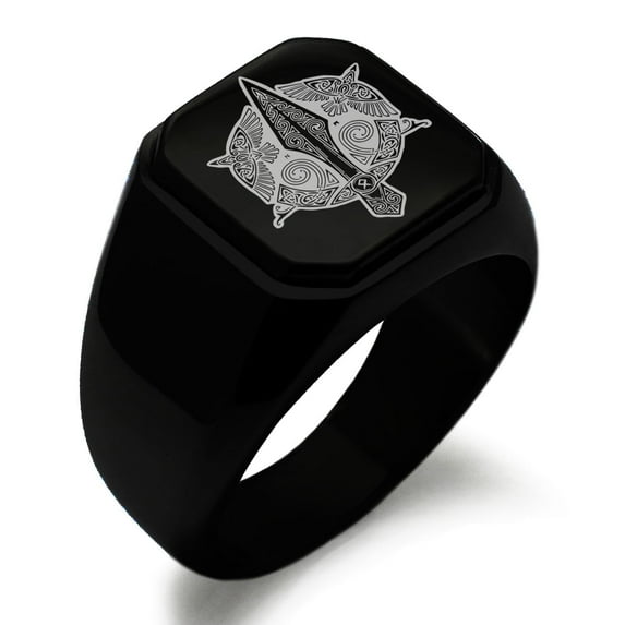 Tioneer Stainless Steel Gungnir Odin's Spear Viking Norse Engraved Square Flat Top Biker Style Polished Signet Ring