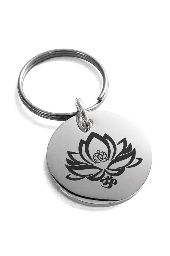 Stainless Steel Healing Lotus Om Engraved Small Medallion Circle Charm Keychain Keyring