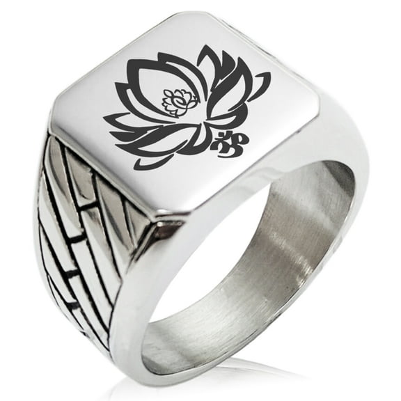 Tioneer Stainless Steel Healing Lotus Om Geometric Pattern Biker Style Polished Ring