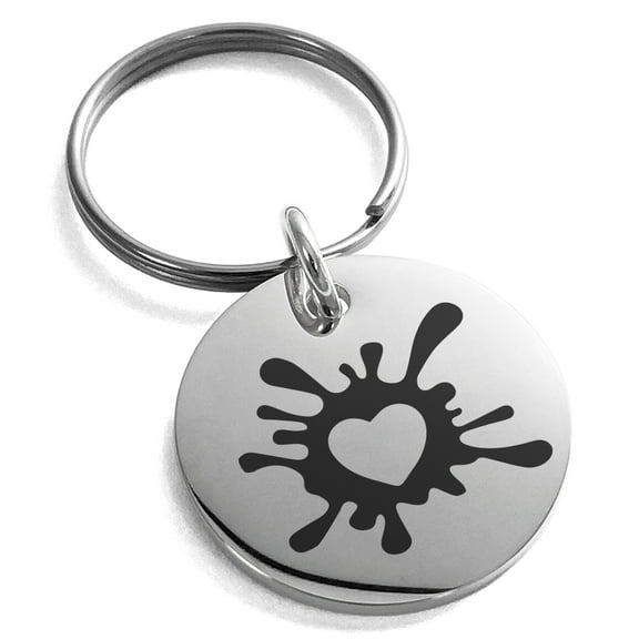 Tioneer Stainless Steel Heart Love Splatter Engraved Small Medallion Circle Charm Keychain Keyring