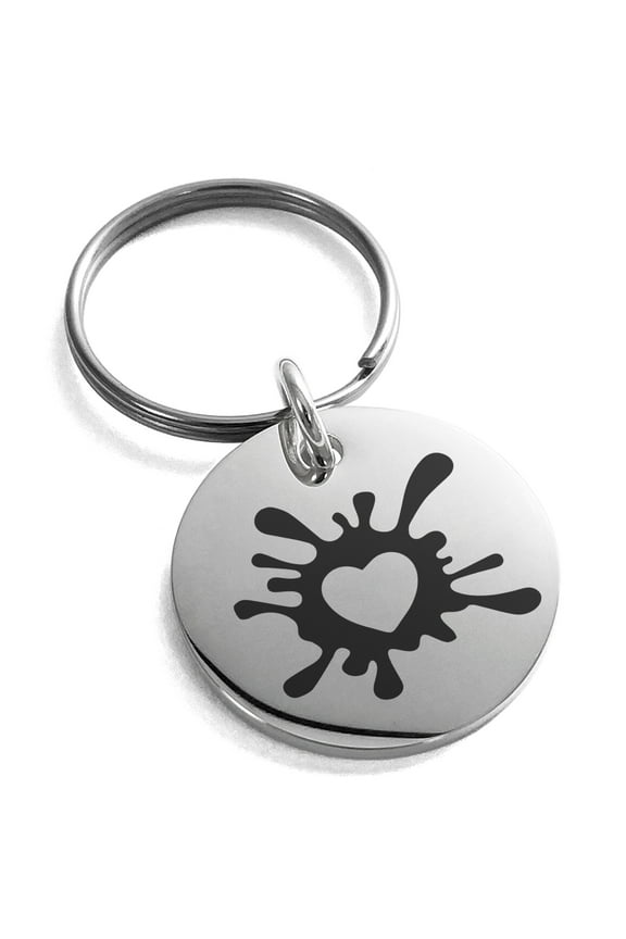 Stainless Steel Heart Love Splatter Engraved Small Medallion Circle Charm Keychain Keyring
