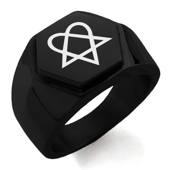 Tioneer Stainless Steel Heartagram Engraved Hexagon Crest Flat Top Biker Style Polished Ring