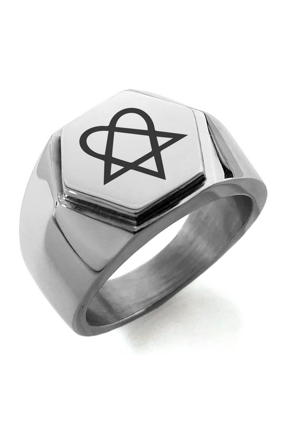 Stainless Steel Heartagram Engraved Hexagon Crest Flat Top Biker Style Polished Ring