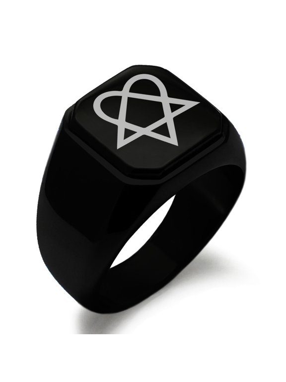 Stainless Steel Heartagram Engraved Square Flat Top Biker Style Polished Signet Ring