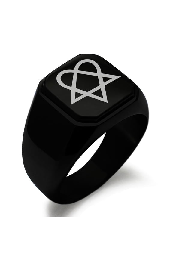 Stainless Steel Heartagram Engraved Square Flat Top Biker Style Polished Signet Ring